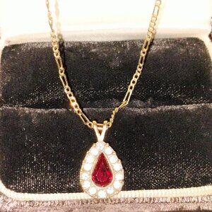 Vintage Garnet CZ Teardrop Pendant Gold Plated W/ Gold Chain Lobster Clasp 18"